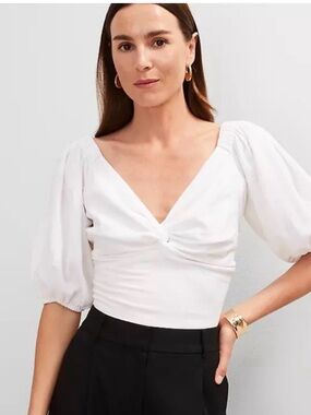 Ann Taylor White Puff-Sleeve V-Neck Twist Crop Top Half Backless with a Bow Tie